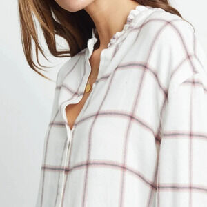 Rails Andie White Rose Sapphire Plaid Ruffle Collar‎ Button Down Flannel Top